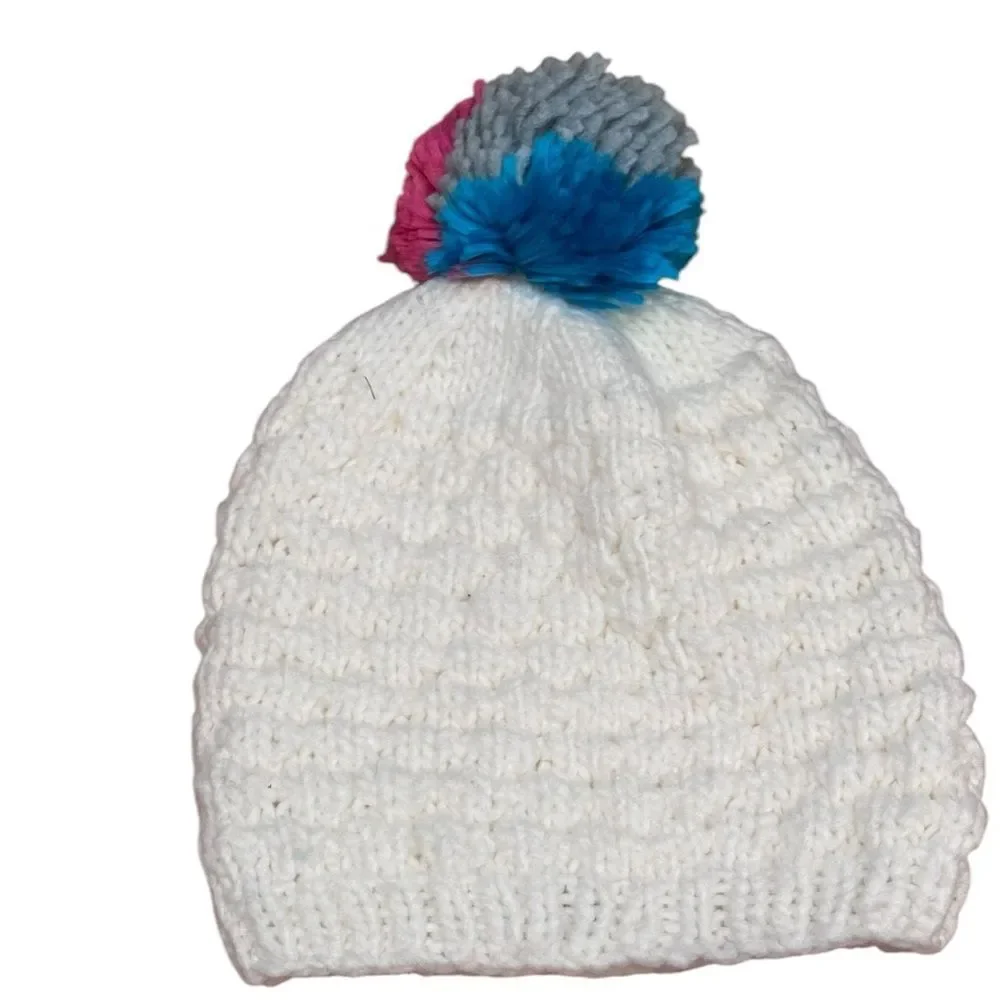 Burton White Knit Cap Pink Blue Pom Pom